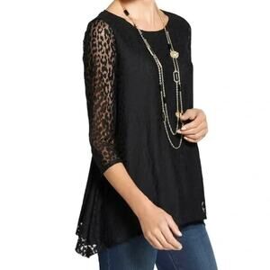 Chico's Stretch Lace Top Sz Large / 2 Black Leopard Pattern 3/4 Sleeve Sharkbite